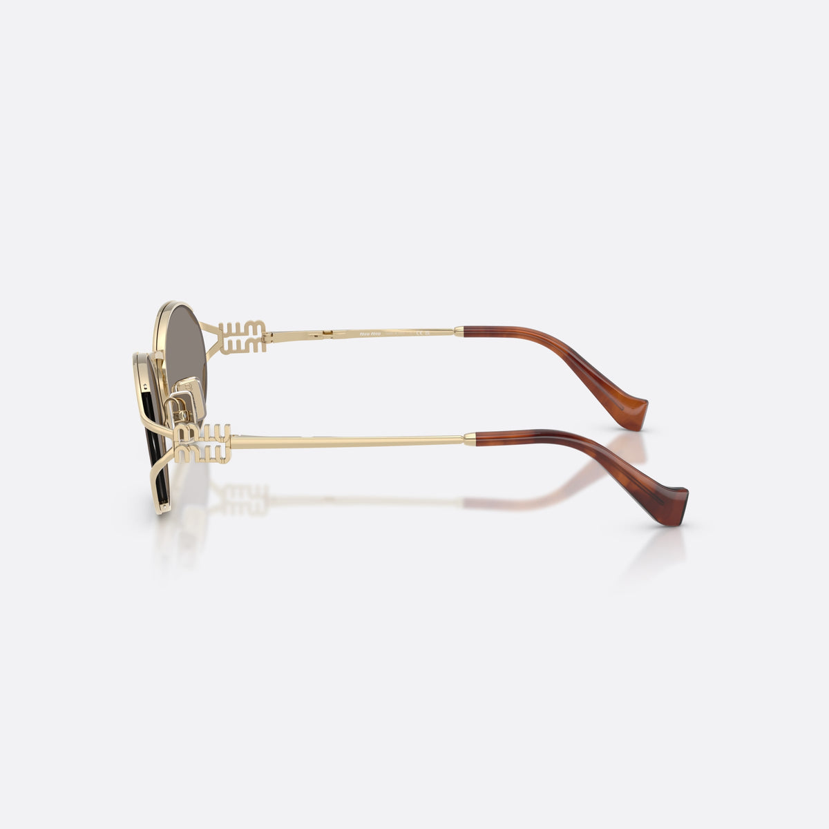 Miu Miu MU 52YS ZVN80Q sunglasses, gold oval frame for women, thin metal bridge, brand logo on temples, side view