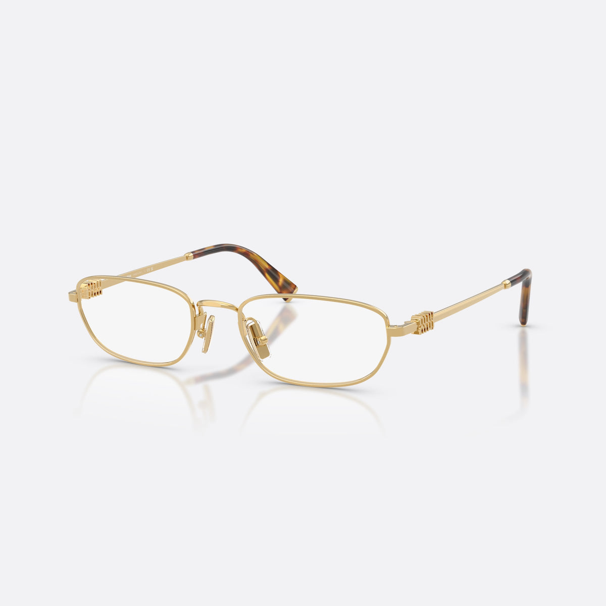 Miu Miu MU 52ZV 5AK1O1 eyeglasses, gold irregular frame for women, plain metal bridge, brand lettering on the temples