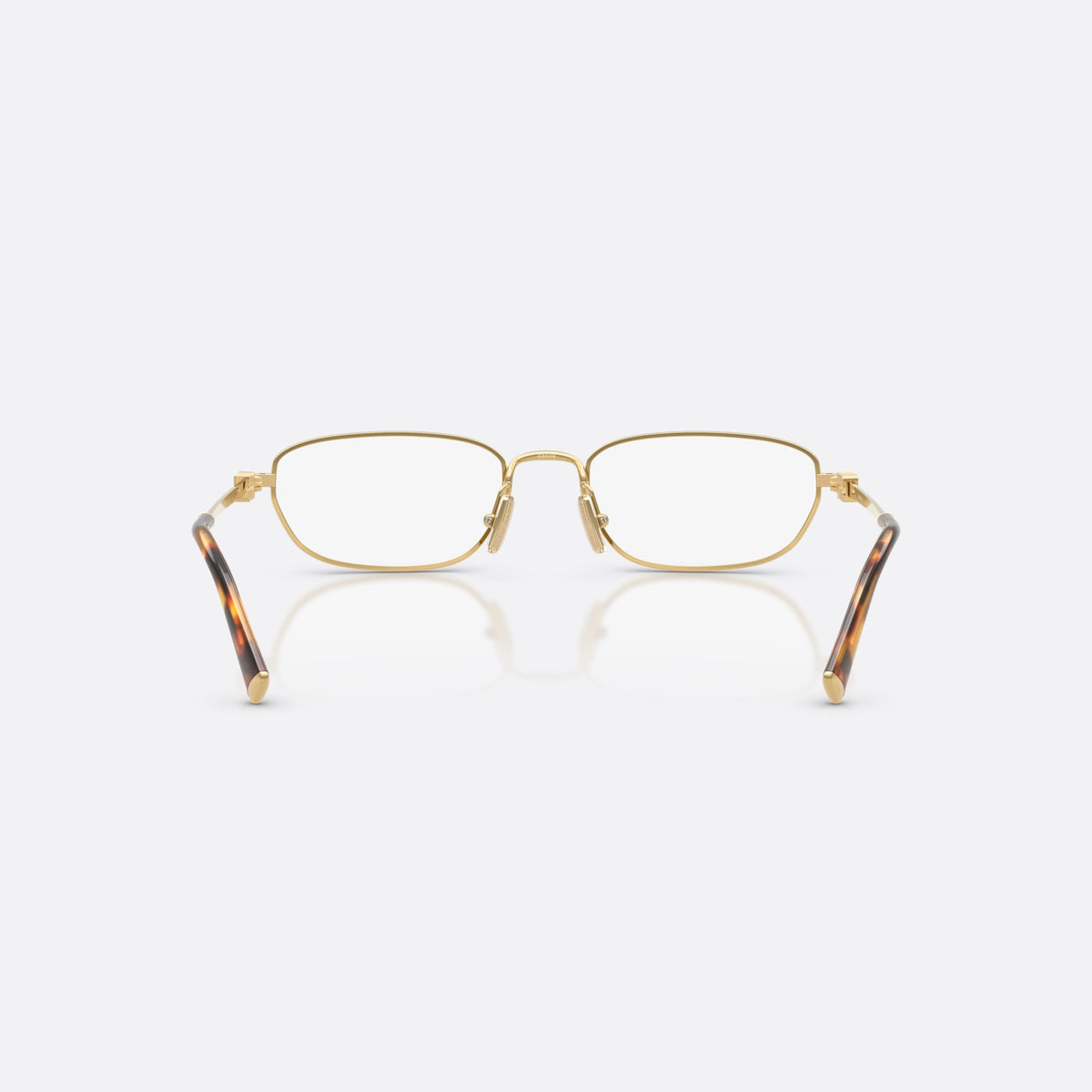 Miu Miu MU 52ZV 5AK1O1 eyeglasses, gold irregular frame for women, plain metal bridge, brand lettering on the temples, back view