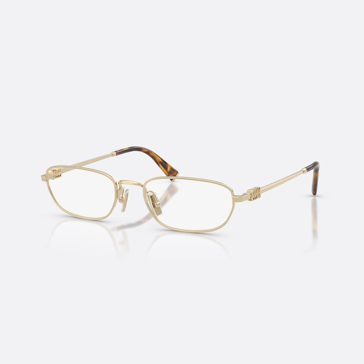 Miu Miu MU 52ZV ZVN1O1 eyeglasses, gold irregular frame for women, plain metal bridge, brand lettering on temples
