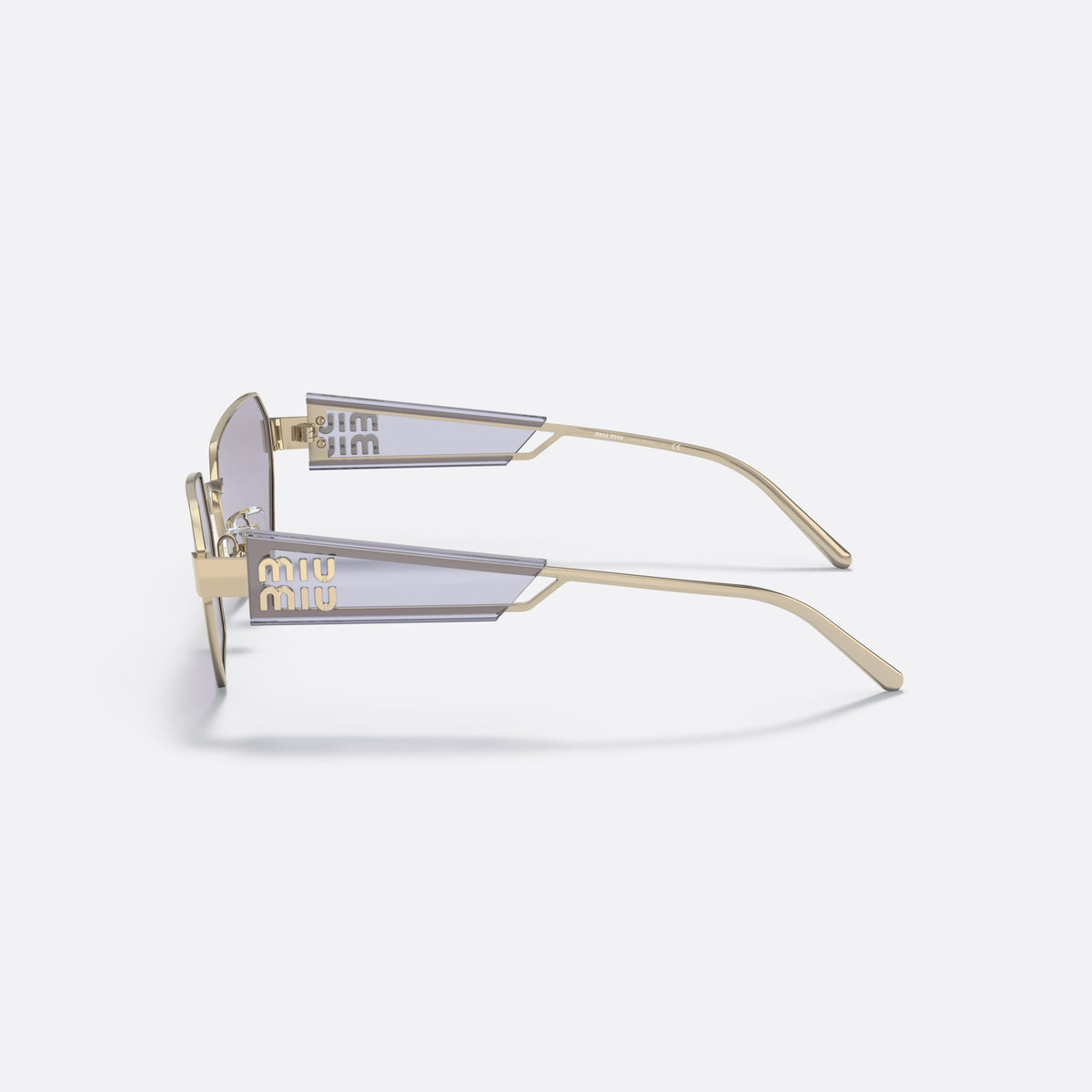 Miu Miu MU 53WS ZVN05S sunglasses, gold irregular frame for women, plain metal bridge, brand lettering on temples, side view