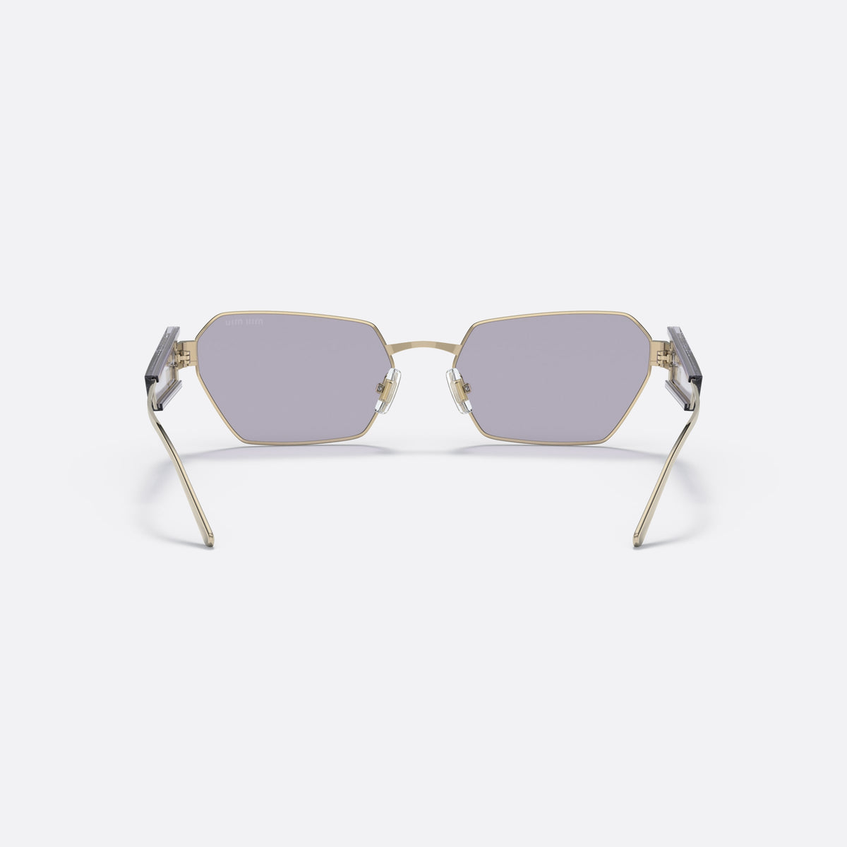 Miu Miu MU 53WS ZVN05S sunglasses, gold irregular frame for women, plain metal bridge, brand lettering on temples, back view