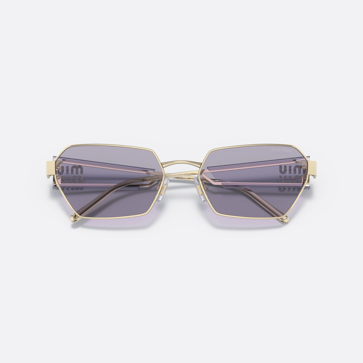 Miu Miu MU 53WS ZVN05S sunglasses, gold irregular frame for women, plain metal bridge, brand lettering on temples, folded