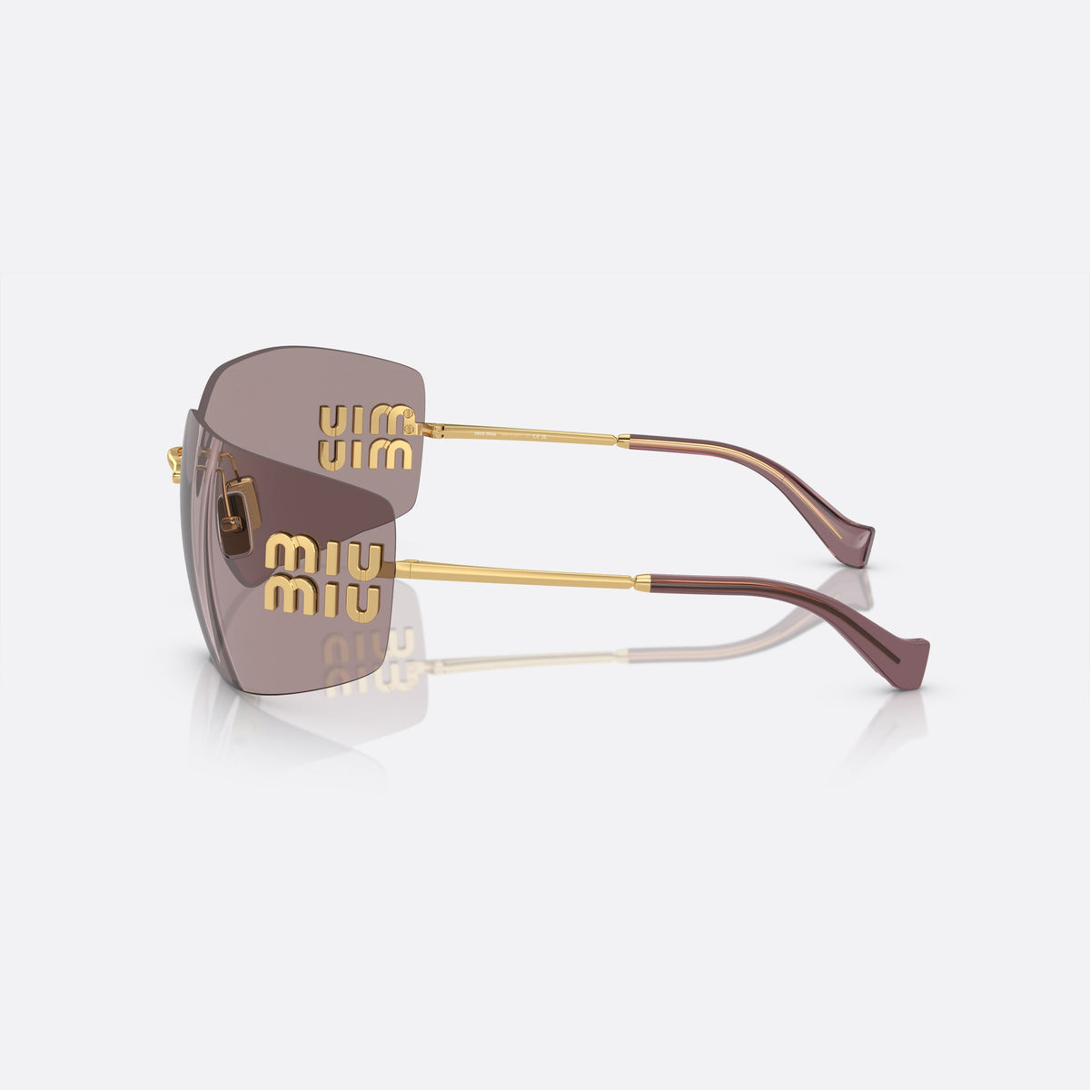 Miu Miu MU 54YS 5AK0/6I sunglasses, gold irregular frame for women, thin metal bridge, brand lettering on temples, side view