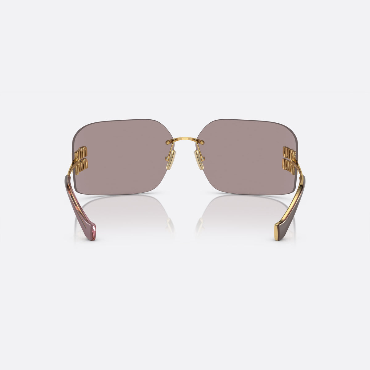 Miu Miu MU 54YS 5AK0/6I sunglasses, gold irregular frame for women, thin metal bridge, brand lettering on temples, back view