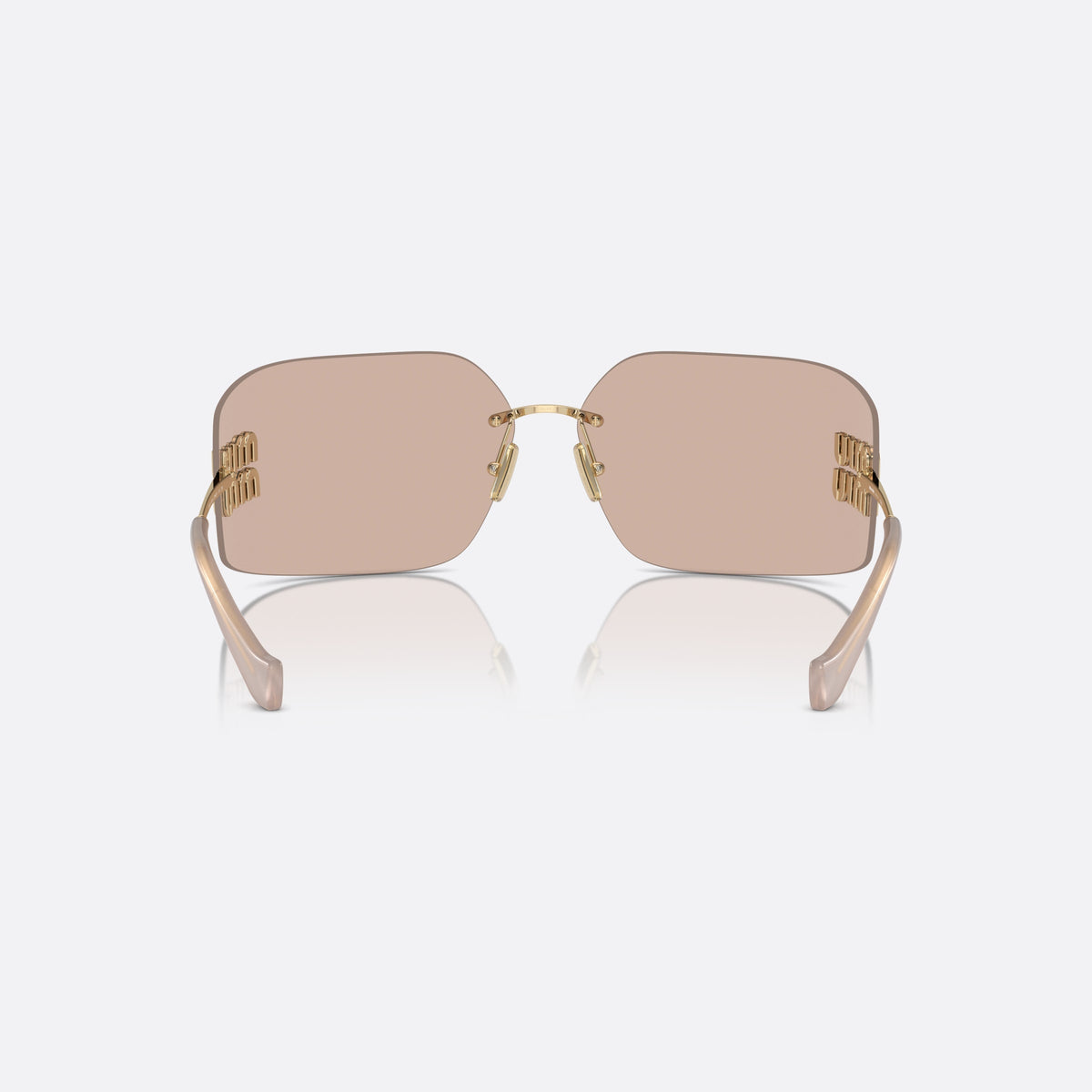Ochelari de soare Miu Miu MU 54YS ZVN-20F, geometrica auriu, pentru femei, punte metalică subțire, literele brandului pe brațe, vedere din spate