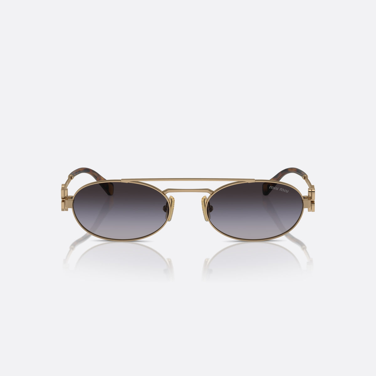 Miu Miu MU 54ZS 7OE-5D1 sunglasses, yellow oval frame for women, double bridge with metal bar, brand logo plaque on temples, front view