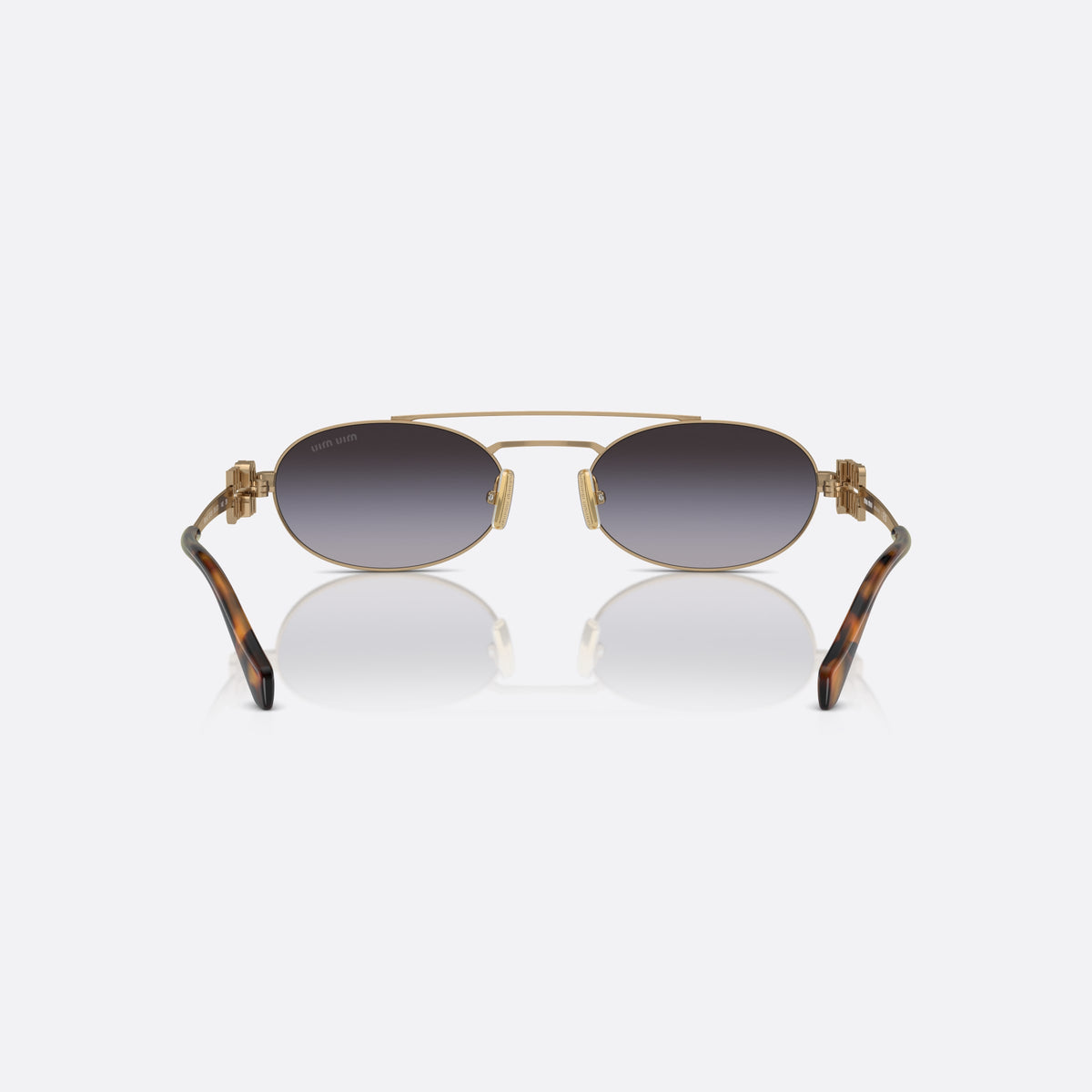 Miu Miu MU 54ZS 7OE-5D1 sunglasses, yellow oval frame for women, double bridge with metal bar, brand logo plaque on temples, back view