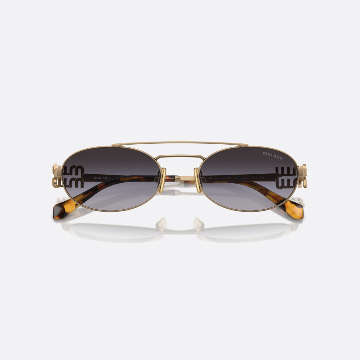 Miu Miu MU 54ZS 7OE-5D1 sunglasses, yellow oval frame for women, double bridge with metal bar, brand logo plaque on temples, folded