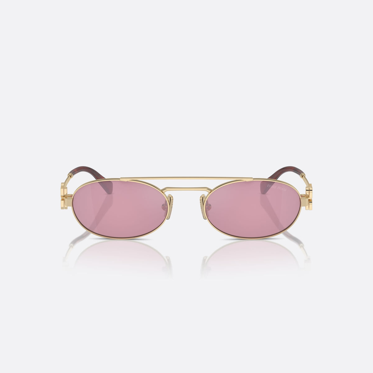 Miu Miu MU 54ZS ZVN-50D sunglasses, gold oval frame for women, double bridge with top bar, brand lettering on the temples, front view