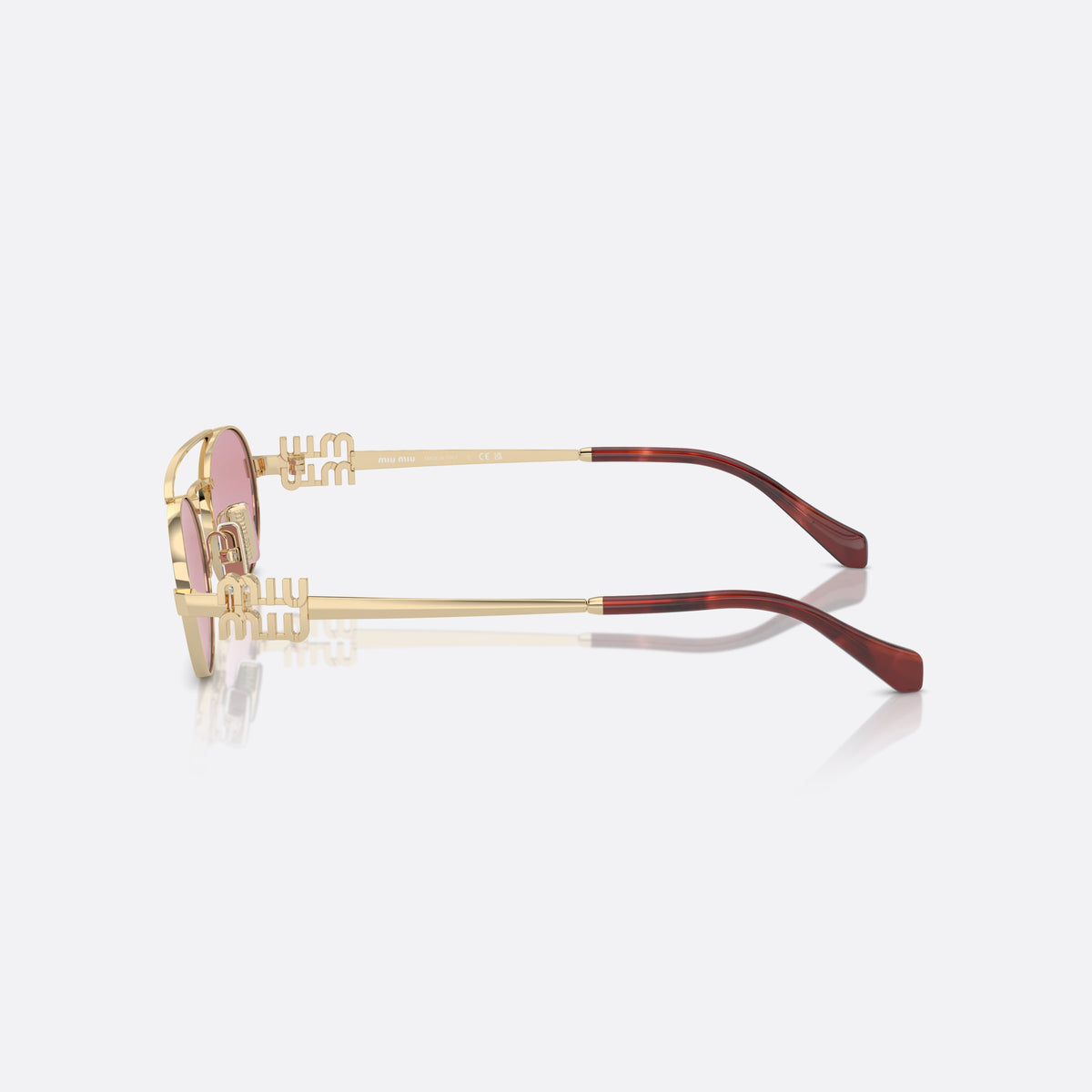 Miu Miu MU 54ZS ZVN-50D sunglasses, gold oval frame for women, double bridge with top bar, brand lettering on the temples, side view