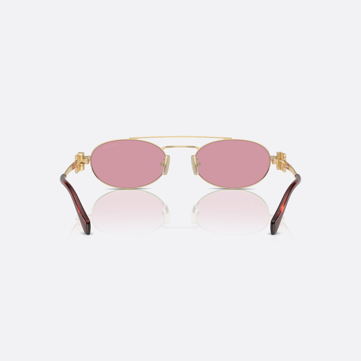 Miu Miu MU 54ZS ZVN-50D sunglasses, gold oval frame for women, double bridge with top bar, brand lettering on the temples, back view
