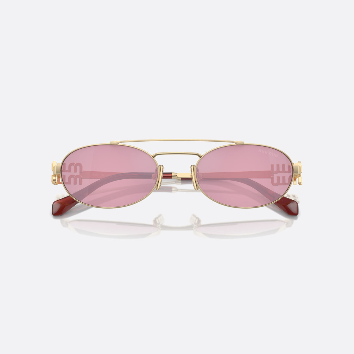 Miu Miu MU 54ZS ZVN-50D sunglasses, gold oval frame for women, double bridge with top bar, brand lettering on the temples, folded