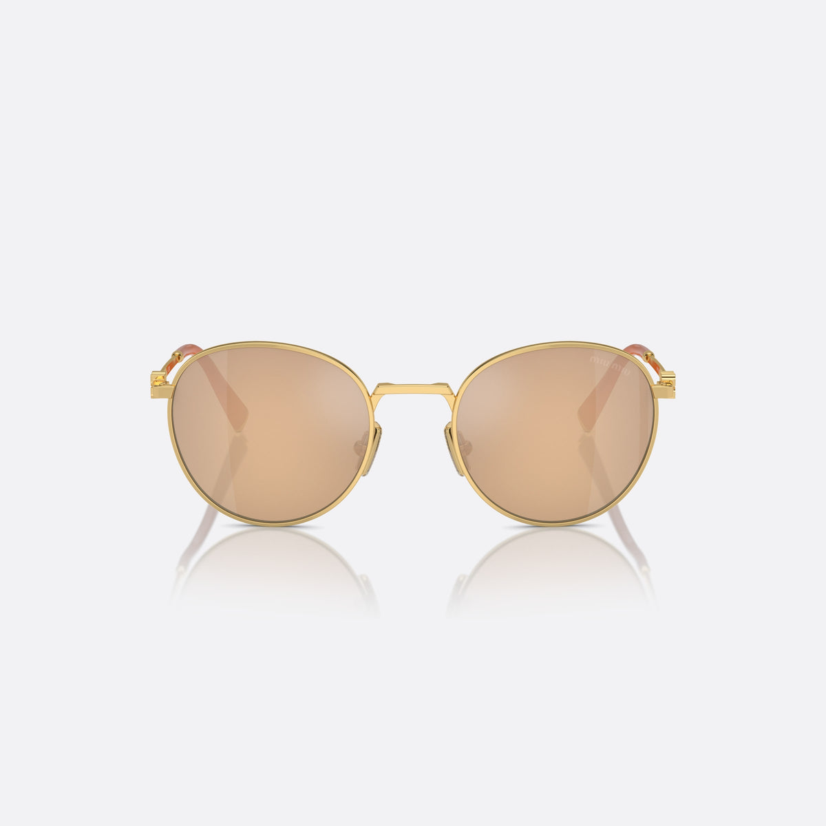Miu Miu MU 55ZS 5AK-40D sunglasses, gold round frame for women, plain metal bridge, brand logo plaque on temples, front view