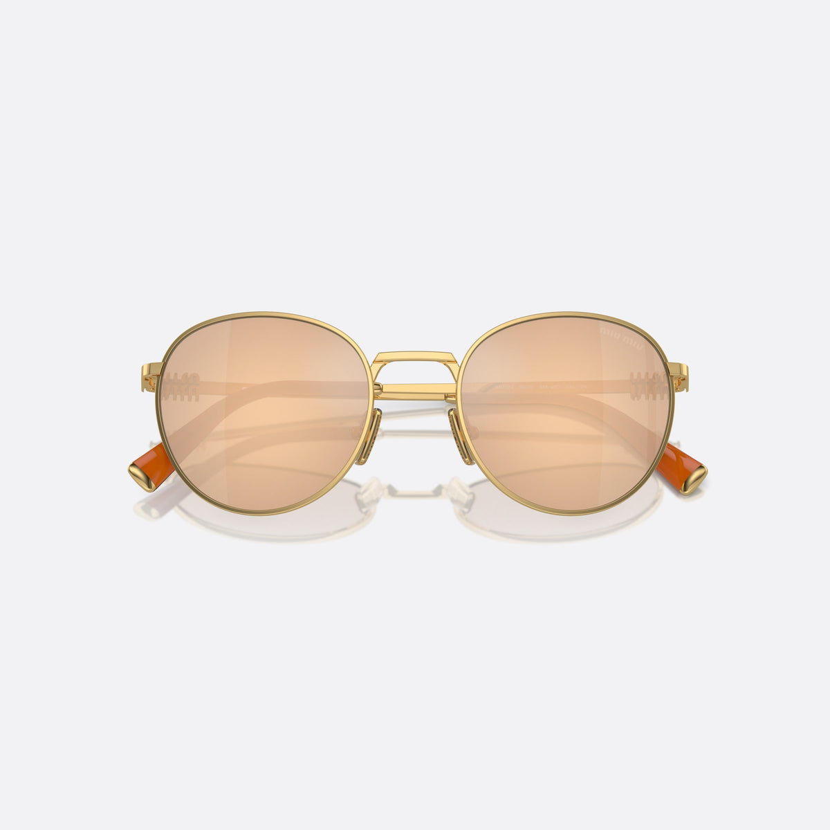 Miu Miu MU 55ZS 5AK-40D sunglasses, gold round frame for women, plain metal bridge, brand logo plaque on temples, folded