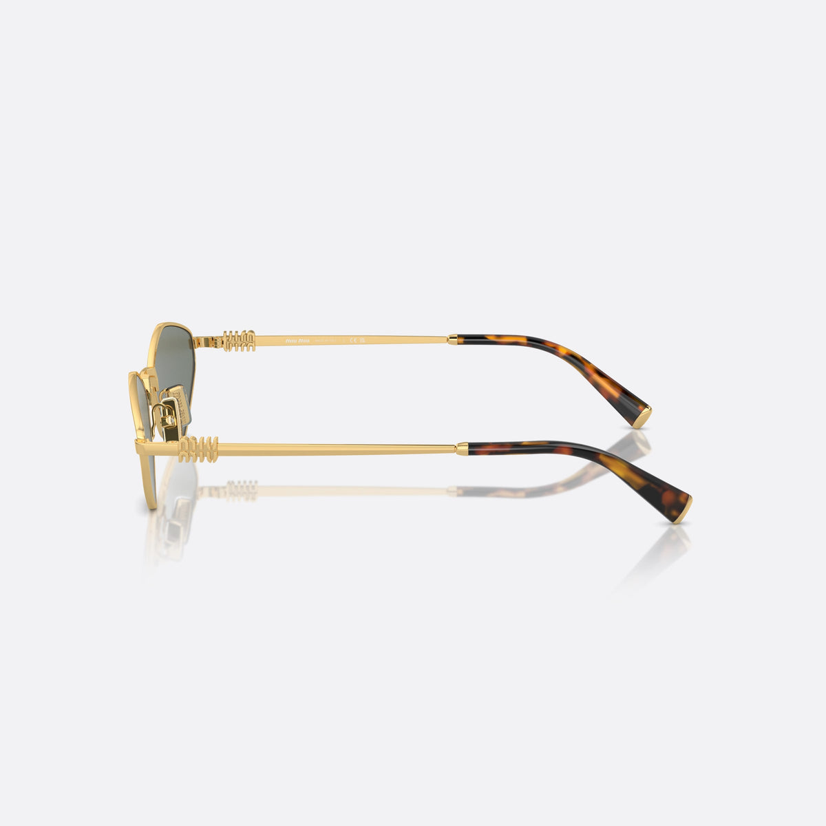 Ochelari de soare Miu Miu MU 56ZS 5AK04M, neregulat auriu, pentru femei, punte metalică simplă, logo al brandului pe brațe, vedere laterală