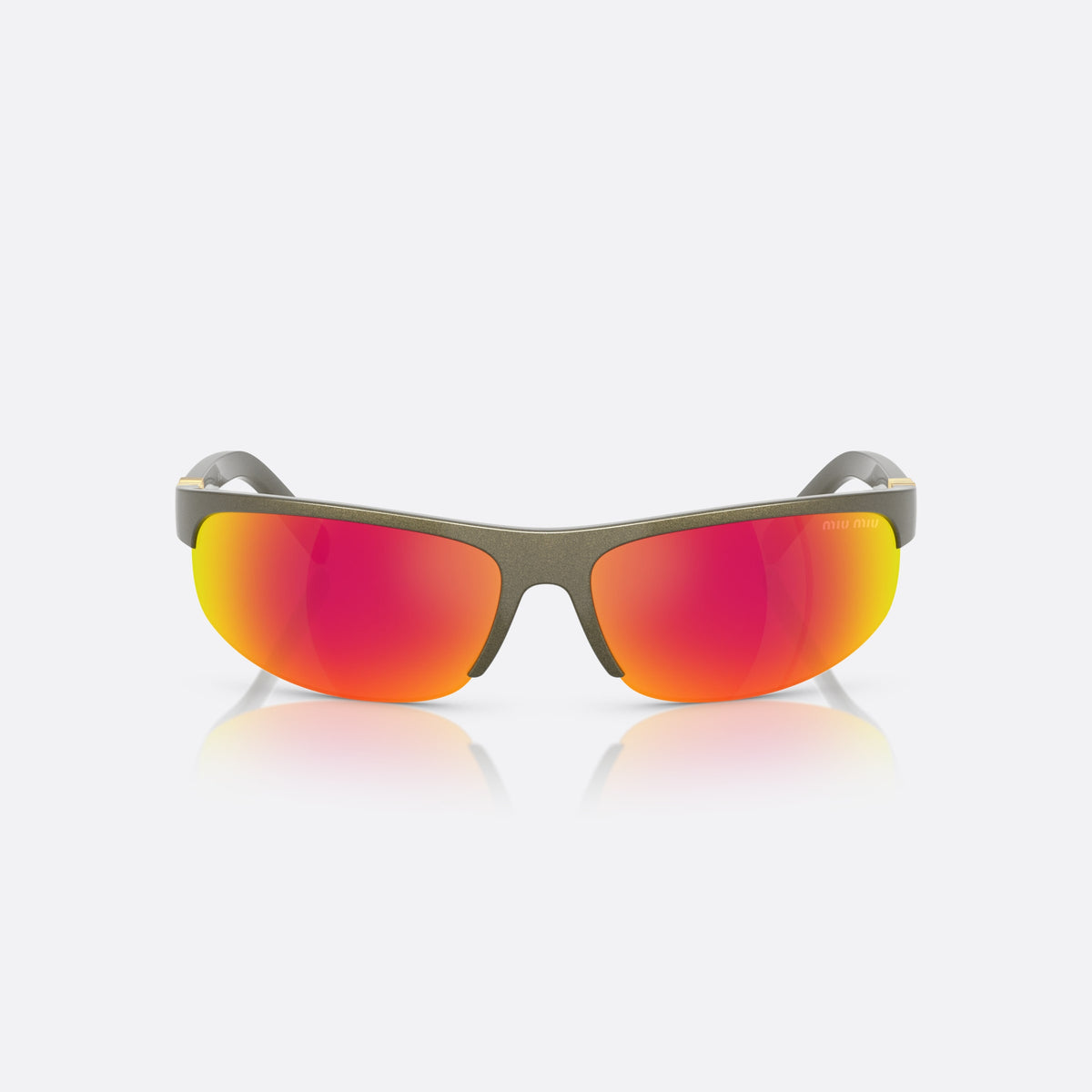 Ochelari de soare Miu Miu MU A02S 17Y5M0, ovali verde, pentru femei, punte keyhole, logo al brandului pe brațe, semiramă, vedere din față