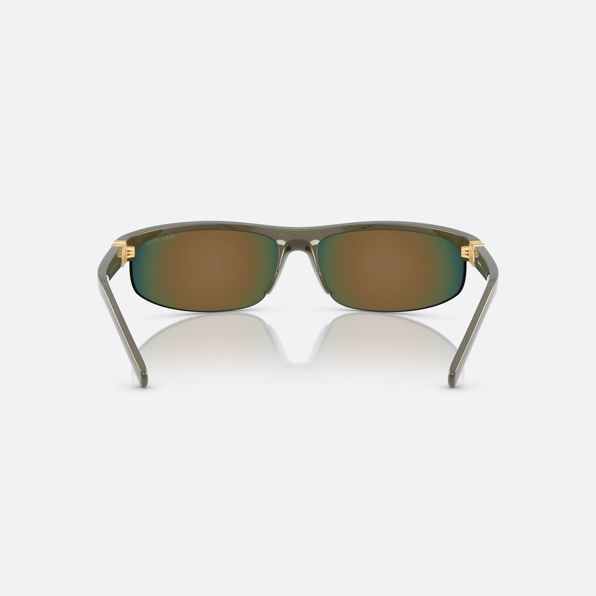 Ochelari de soare Miu Miu MU A02S 17Y5M0, ovali verde, pentru femei, punte keyhole, logo al brandului pe brațe, semiramă, vedere din spate