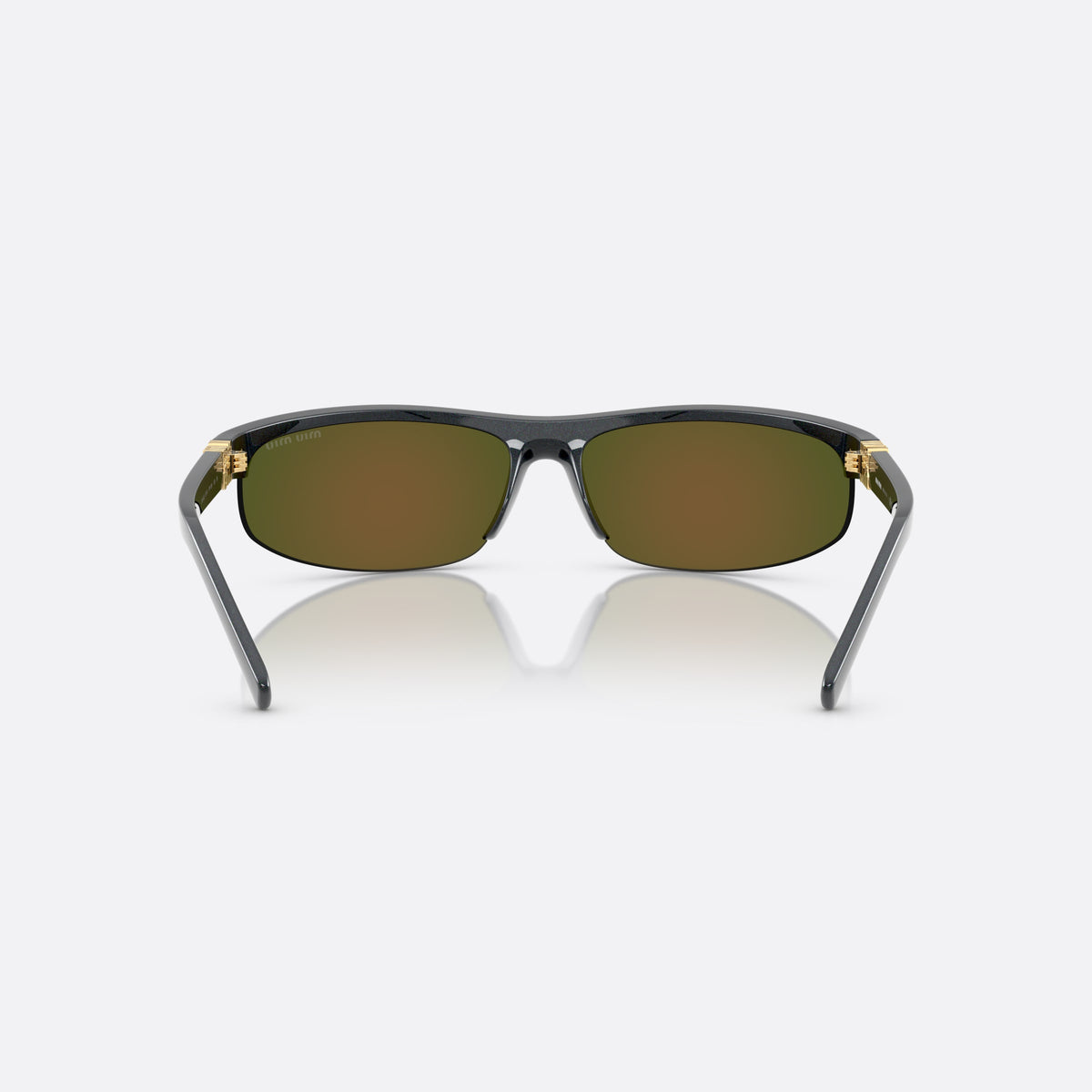 Miu Miu MU A02S 19Y10K sunglasses, grey oval frame for women, plain bridge, integrated into frame, slim tapered temples, back view
