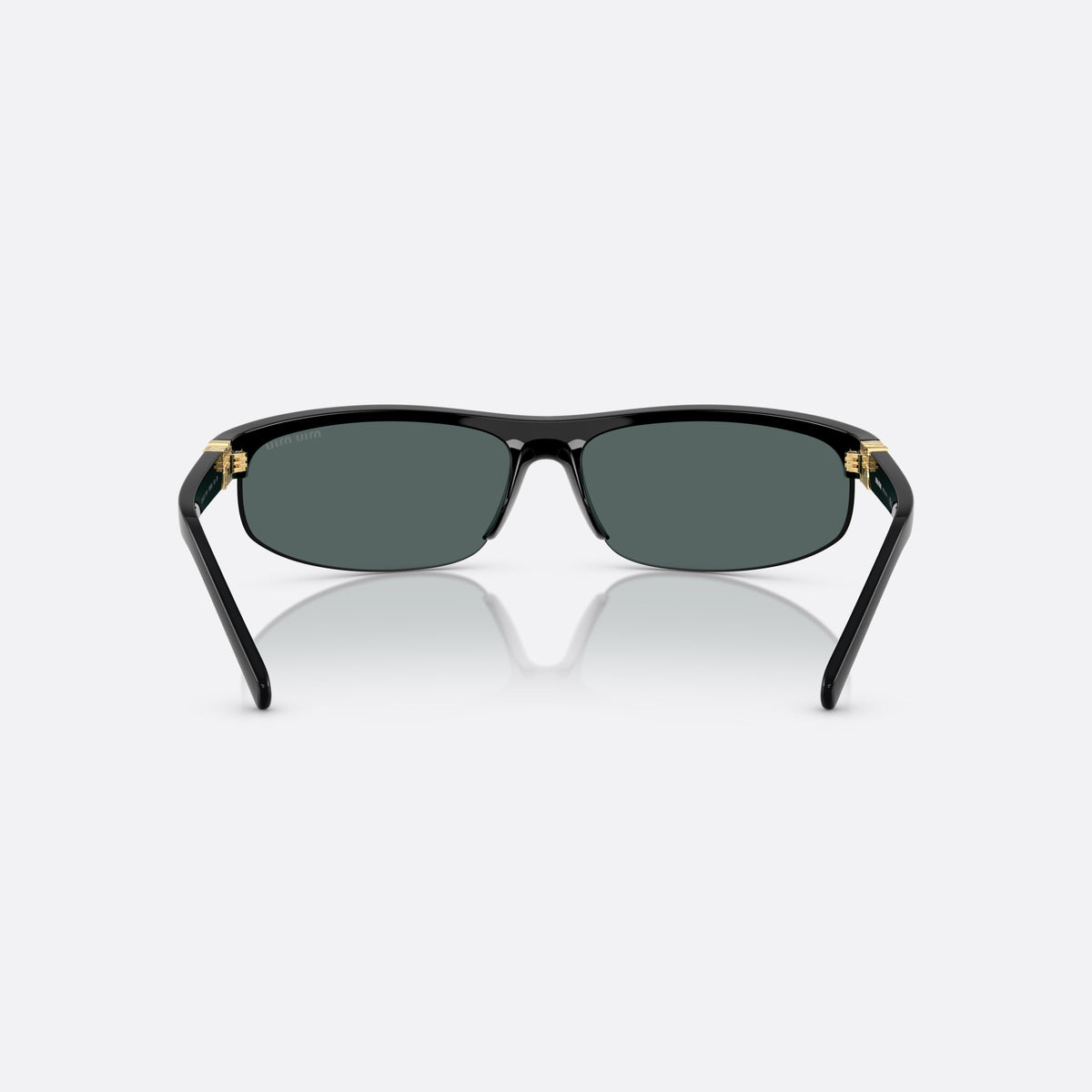 Ochelari de soare Miu Miu MU A02S 1AB90J, ovali negru, pentru femei, punte integrată simplă, literele brandului pe brațe, vedere din spate
