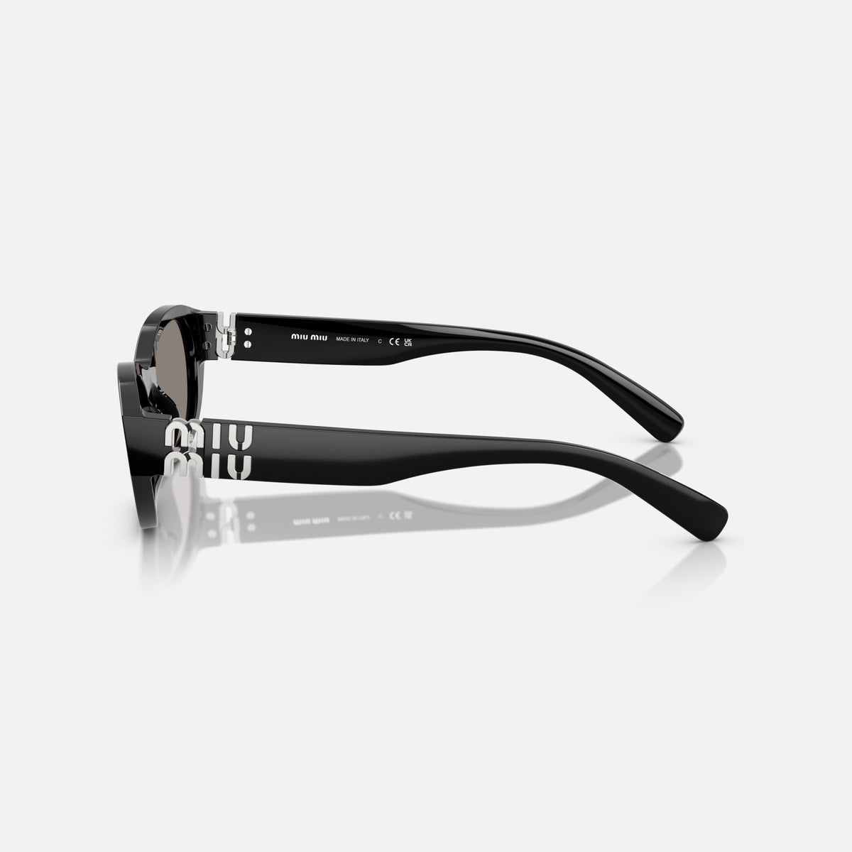 Miu Miu MU A03S 16K80Q sunglasses, black irregular frame for women, plain bridge, brand lettering on temples, full-rim frame, side view