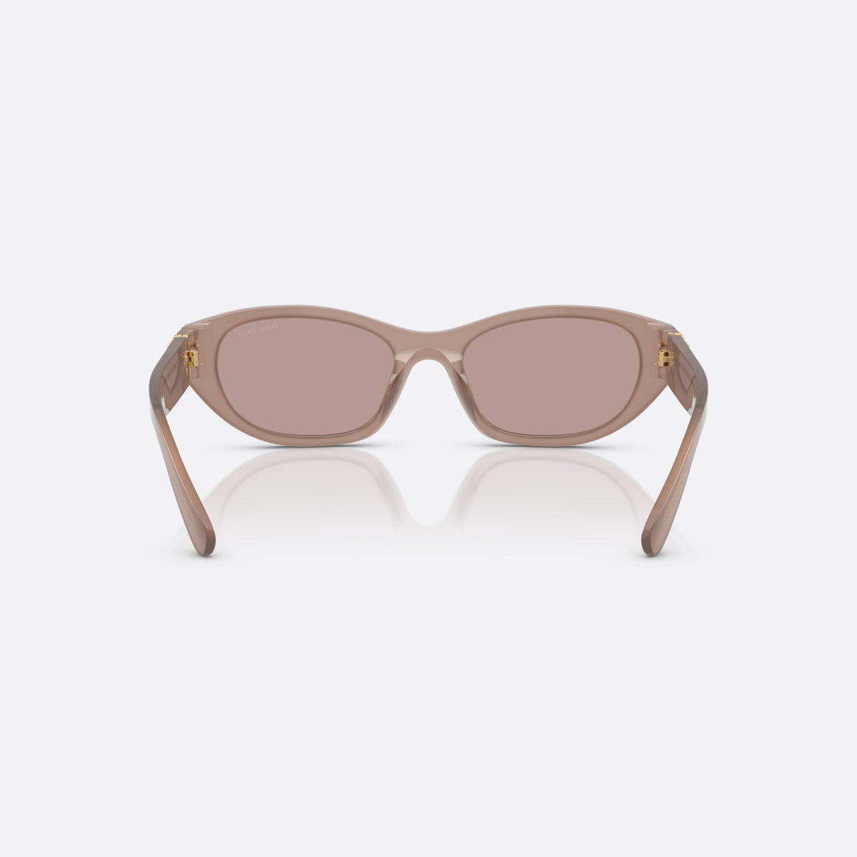 Miu Miu MU A03S 28L20I sunglasses, grey irregular frame for women, plain bridge, integrated, brand lettering on temples, back view