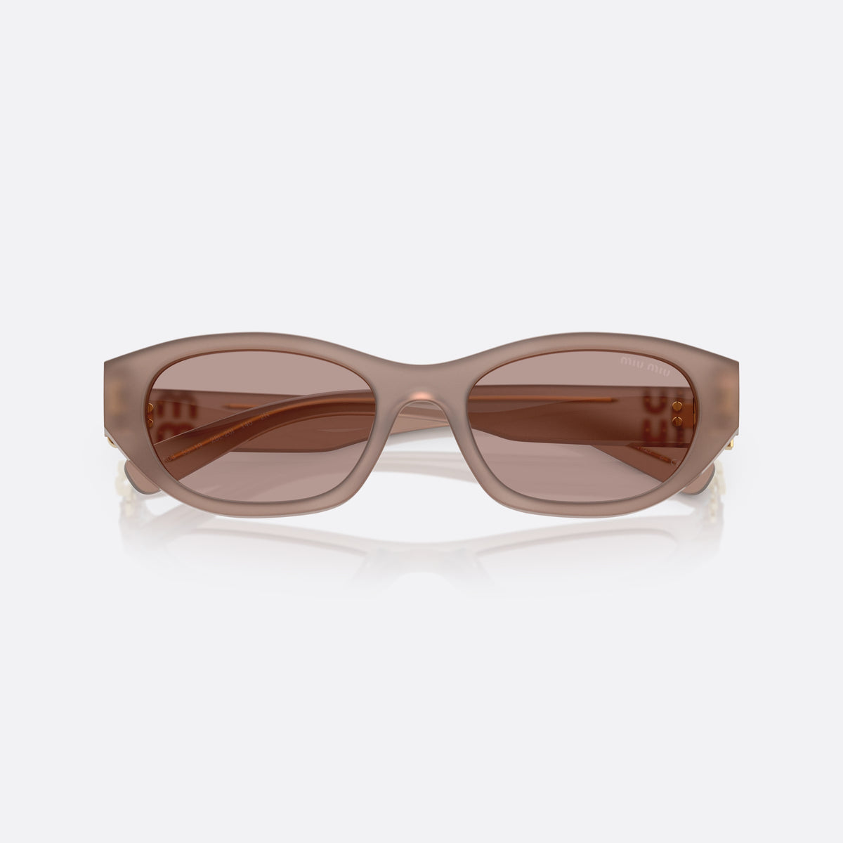 Miu Miu MU A03S 28L20I sunglasses, grey irregular frame for women, plain bridge, integrated, brand lettering on temples, folded