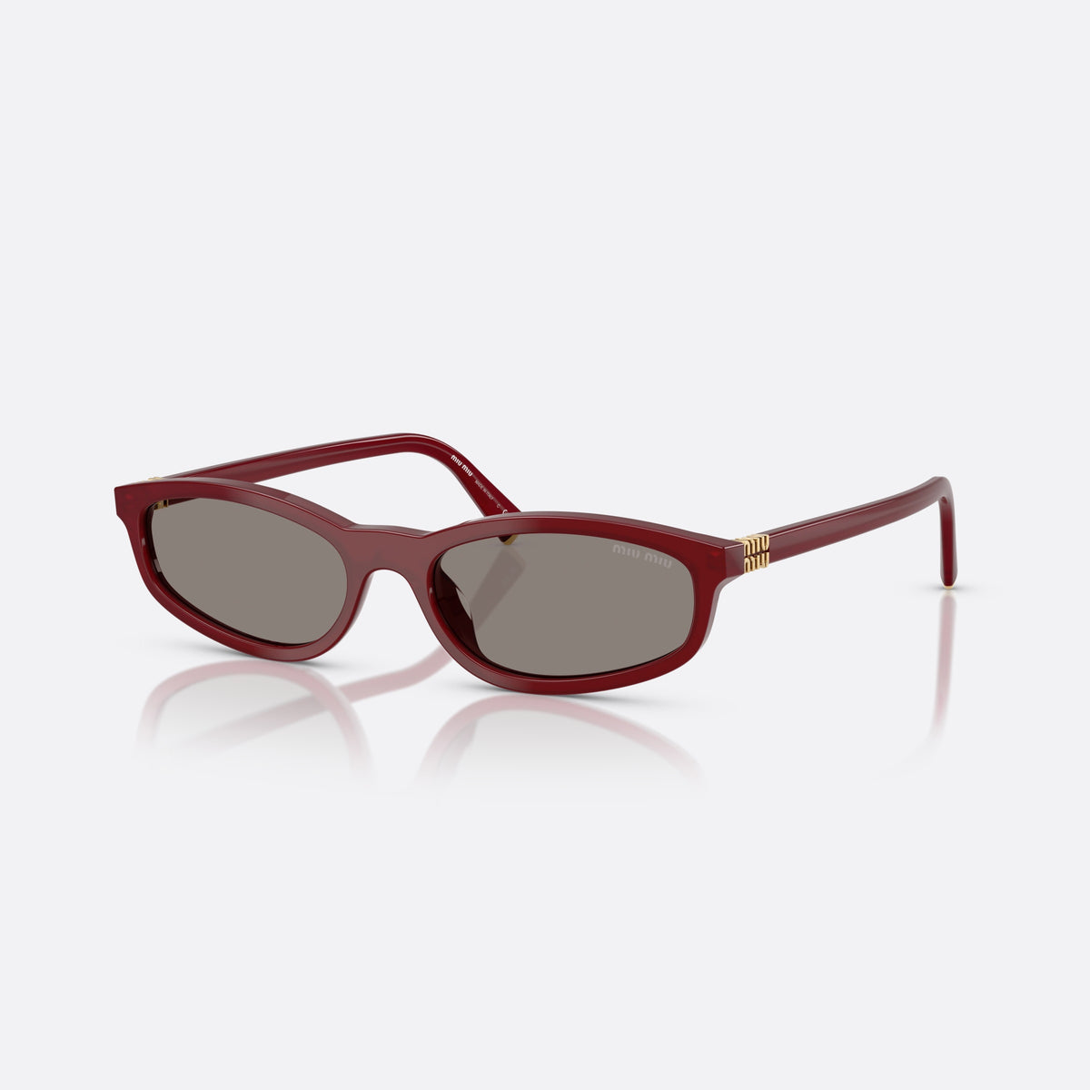 Miu Miu MU A06S 21I80Q sunglasses, red irregular frame for women, plain integrated bridge, brand lettering on temples