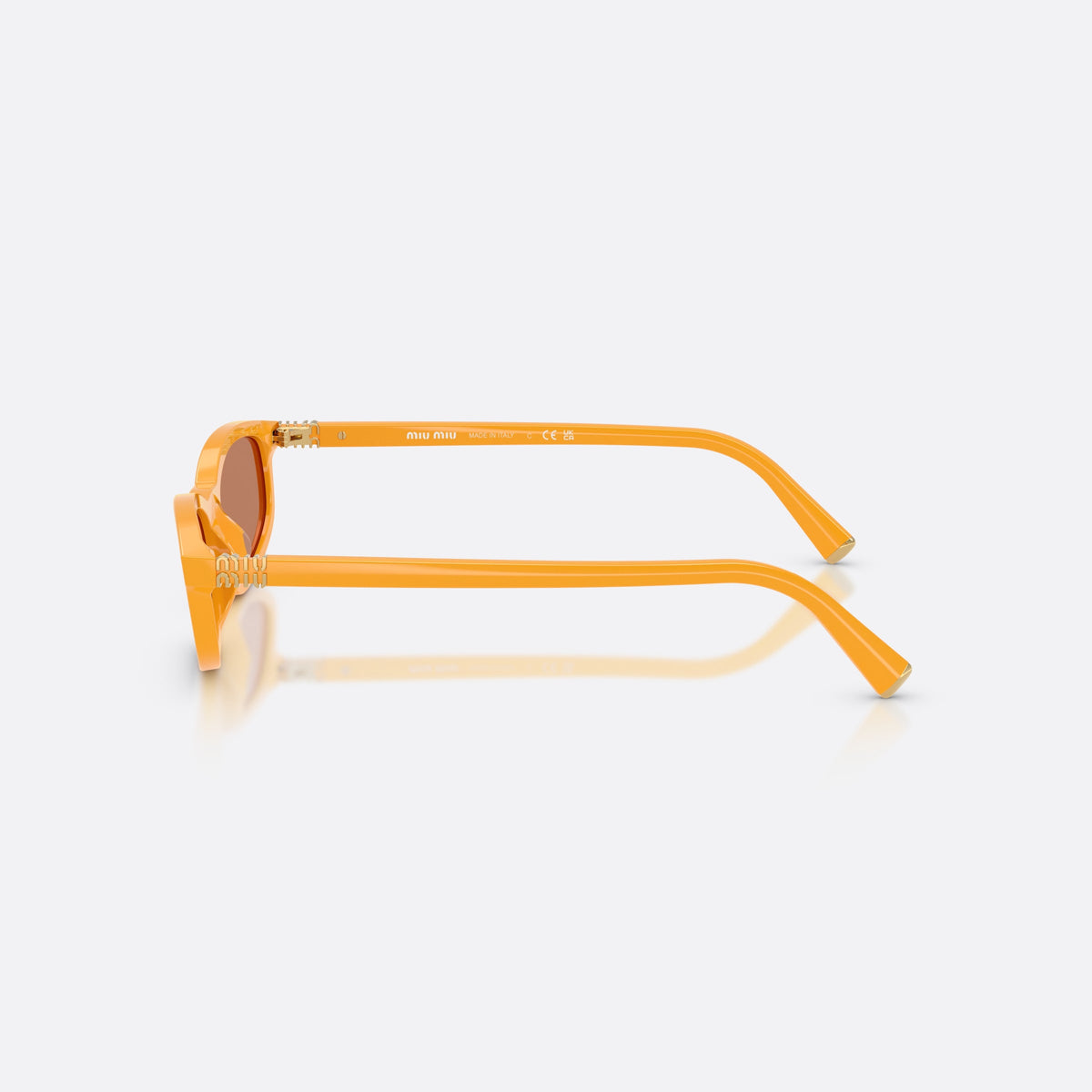 Miu Miu MU A06S 22D90Q sunglasses, yellow irregular frame for women, plain integrated bridge, brand logo plaque on temple, side view