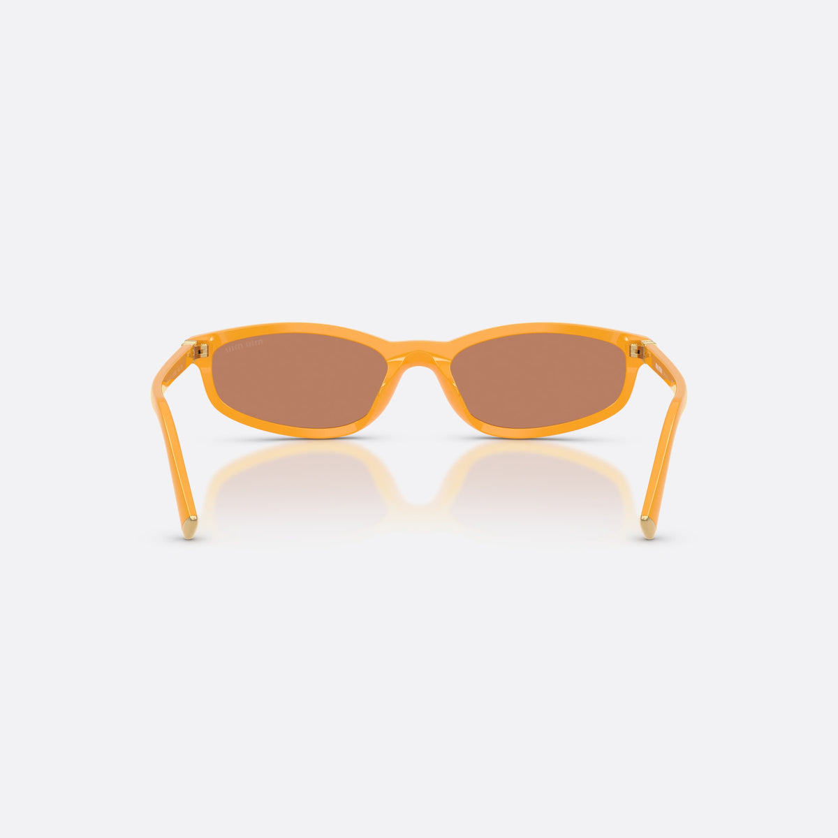 Miu Miu MU A06S 22D90Q sunglasses, yellow irregular frame for women, plain integrated bridge, brand logo plaque on temple, back view