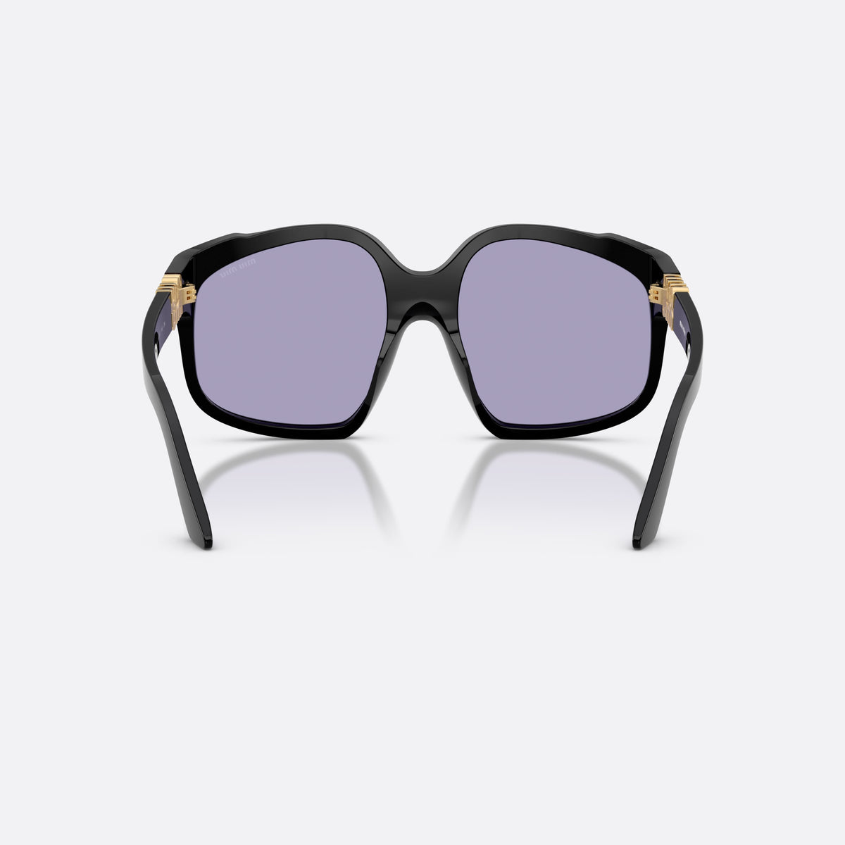 Miu Miu MU A07S 16K01O sunglasses, black irregular frame for women, plain bridge, single piece, slim tapered temples, back view