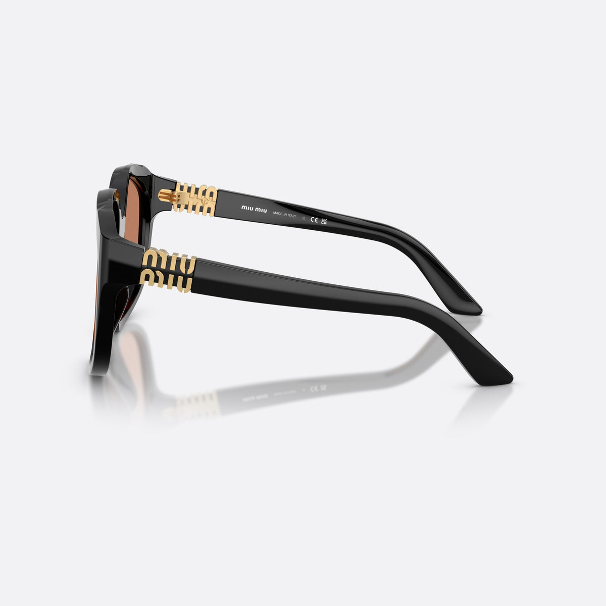 Miu Miu MU A07S 16K90Q sunglasses, black irregular frame for women, plain bridge, brand logo on temples, full rim, side view