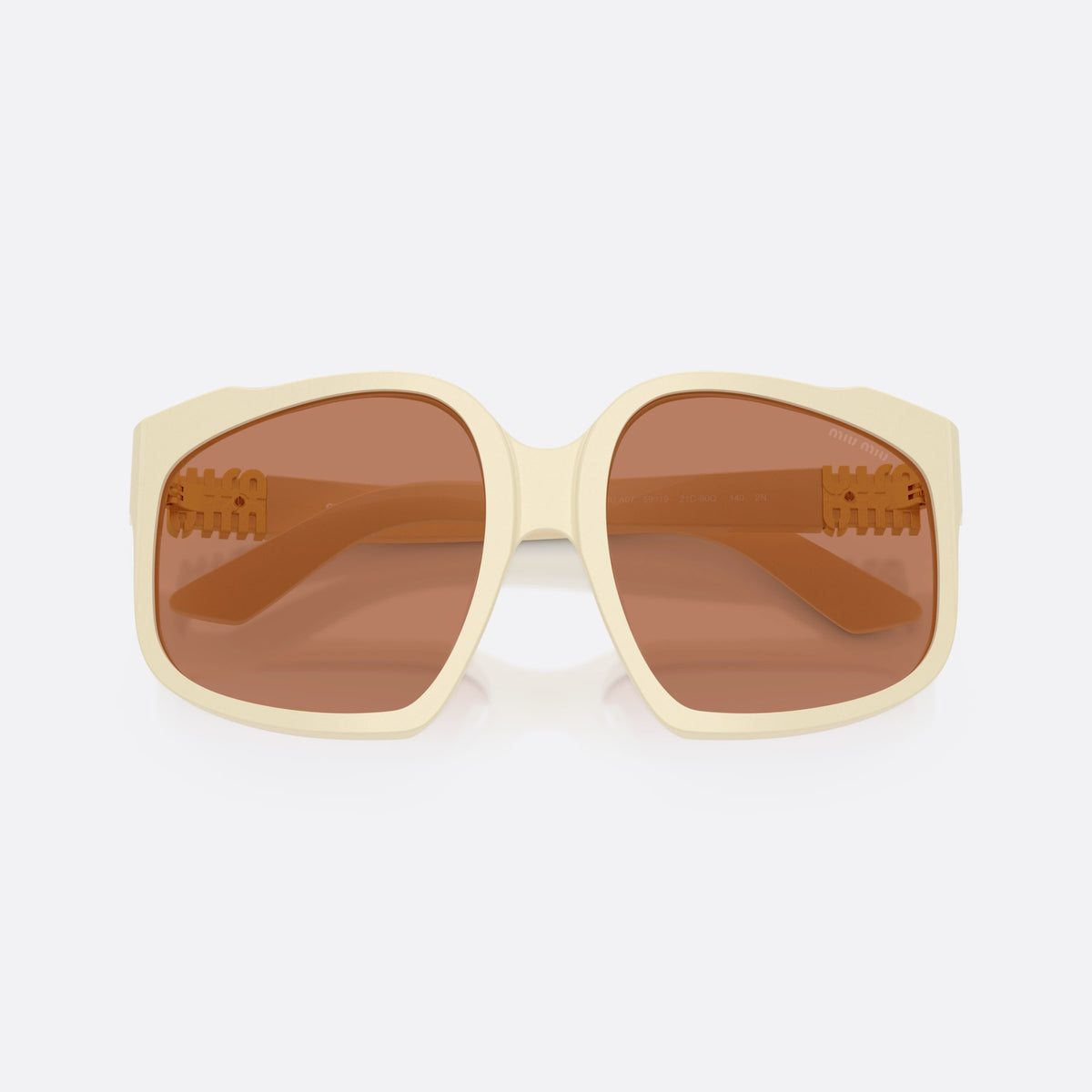 Miu Miu MU A07S 21D90Q sunglasses, white irregular frame for women, plain bridge, brand lettering on temples, full rim, folded
