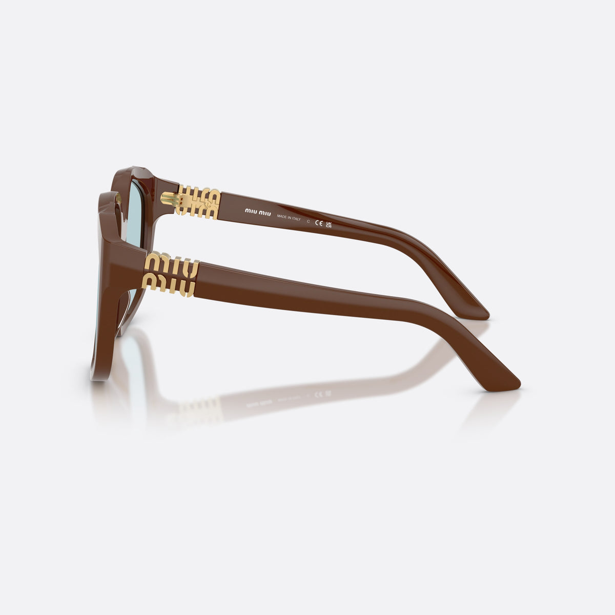 Ochelari de soare Miu Miu MU A07S 24D20R, neregulat maro, pentru femei, punte simplă, placă cu logoul brandului pe brațe, vedere laterală