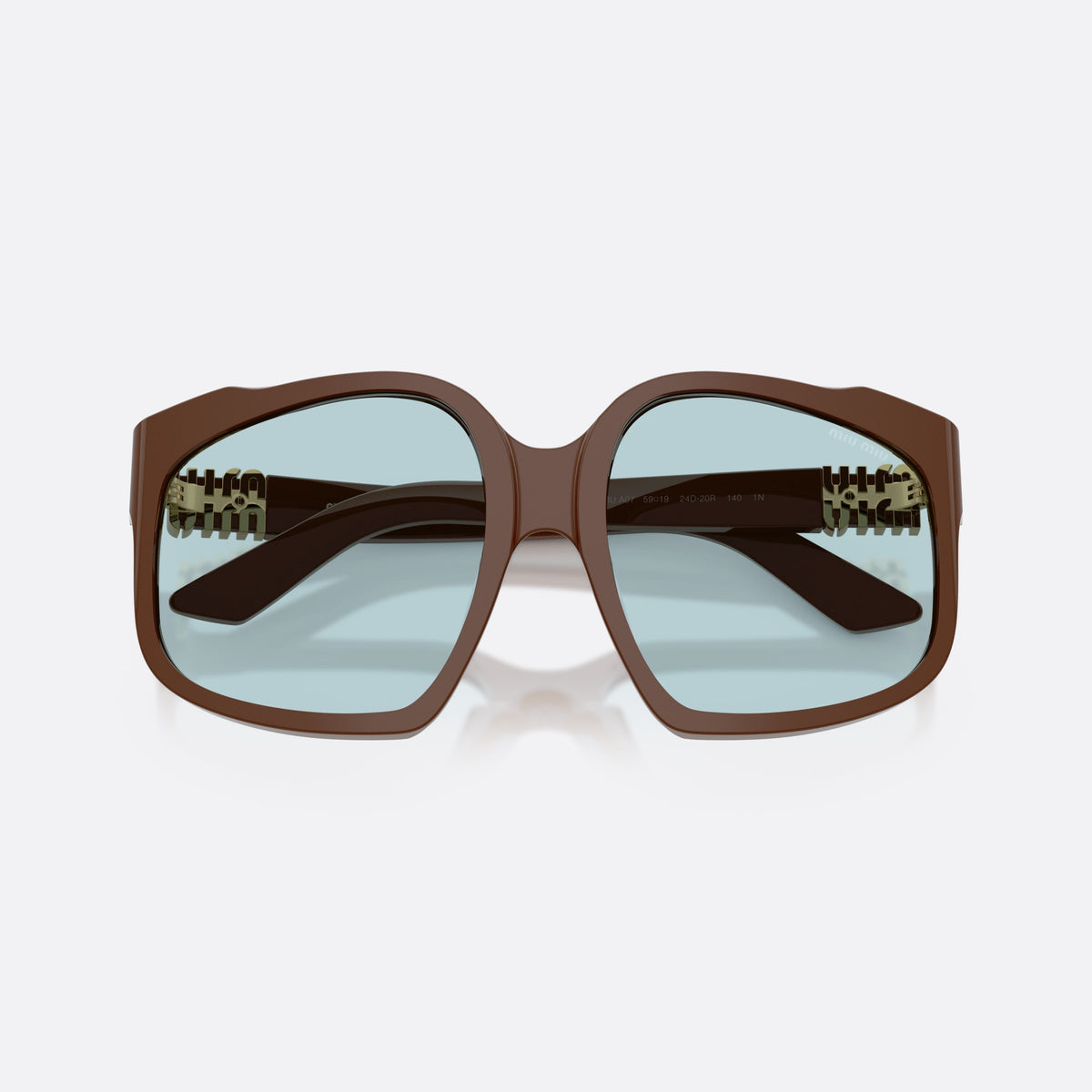 Ochelari de soare Miu Miu MU A07S 24D20R, neregulat maro, pentru femei, punte simplă, placă cu logoul brandului pe brațe, cu brațele pliate
