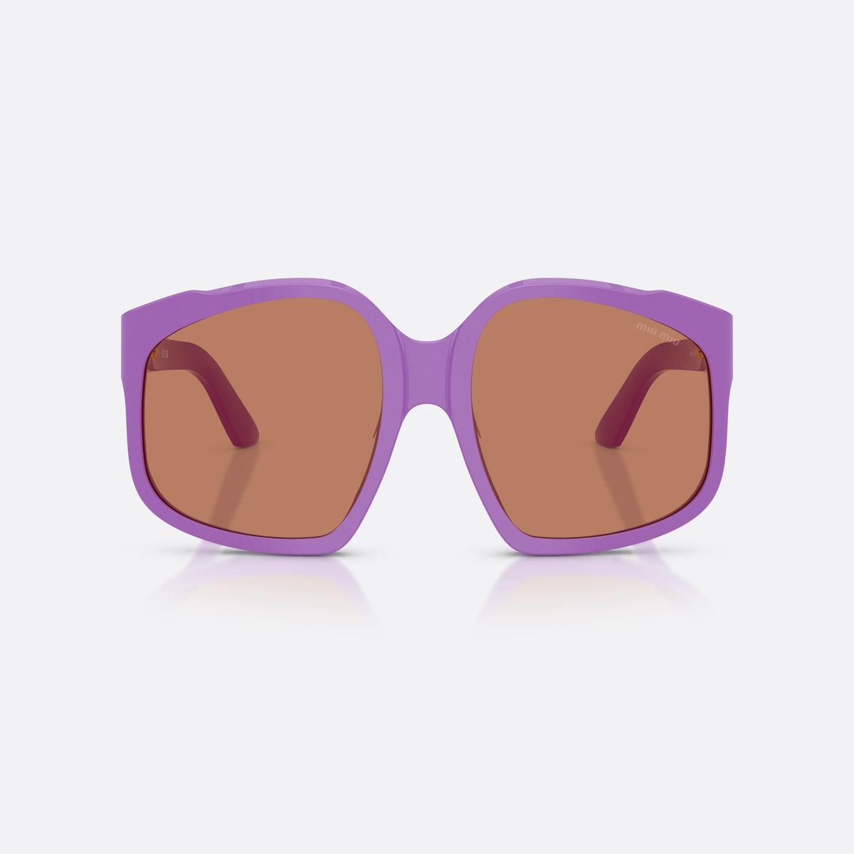 Miu Miu MU A07S 25D90Q sunglasses, violet irregular frame for women, plain integrated bridge, brand lettering on temples, front view