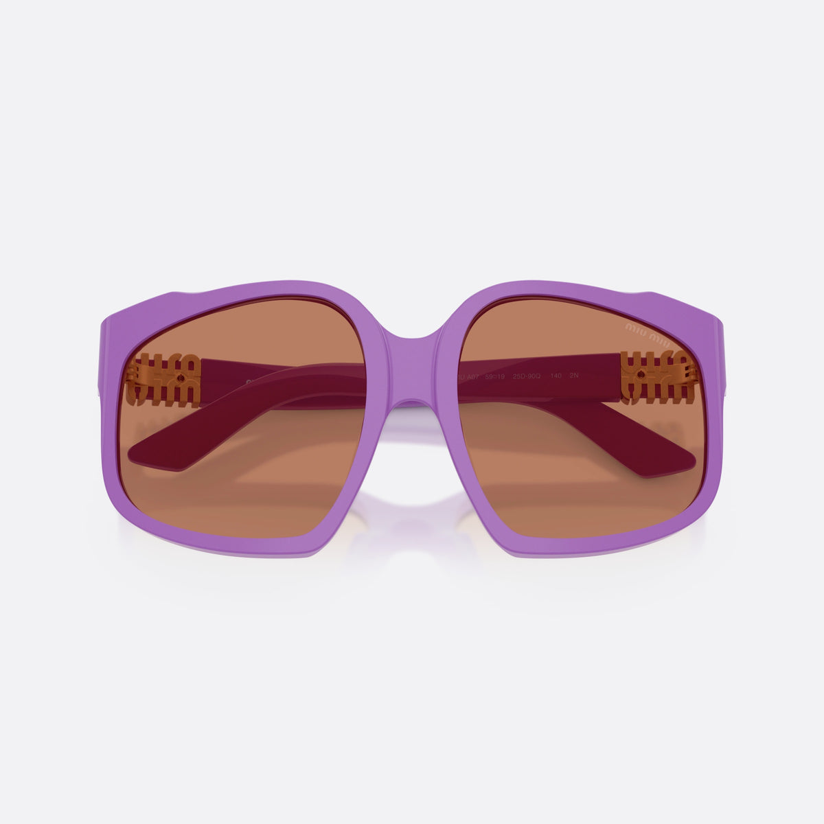 Miu Miu MU A07S 25D90Q sunglasses, violet irregular frame for women, plain integrated bridge, brand lettering on temples, folded