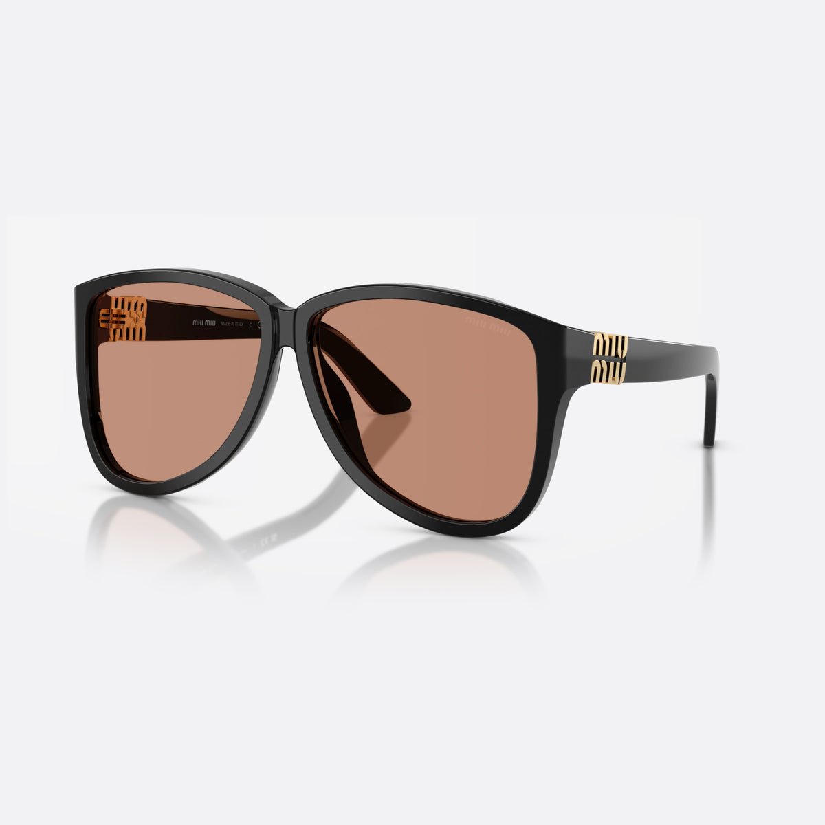 Miu Miu MU A08S 16K90Q sunglasses, black pilot frame for women, plain bridge, brand lettering on temple, full-rim frame