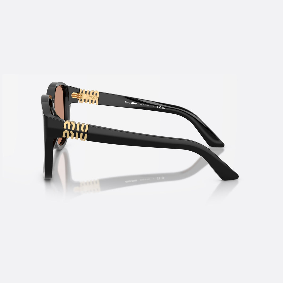Miu Miu MU A08S 16K90Q sunglasses, black pilot frame for women, plain bridge, brand lettering on temple, full-rim frame, side view