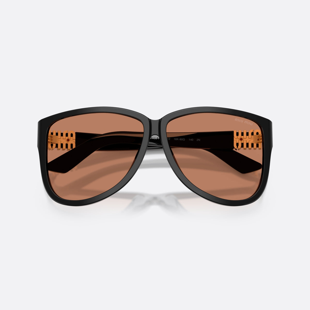 Miu Miu MU A08S 16K90Q sunglasses, black pilot frame for women, plain bridge, brand lettering on temple, full-rim frame, folded