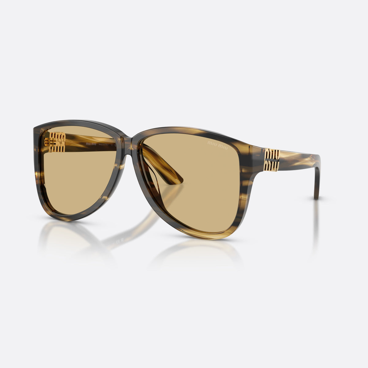 Miu Miu MU A08S 25E1OR sunglasses, green pilot frame for women, plain bridge joining lenses, wide tapered temples