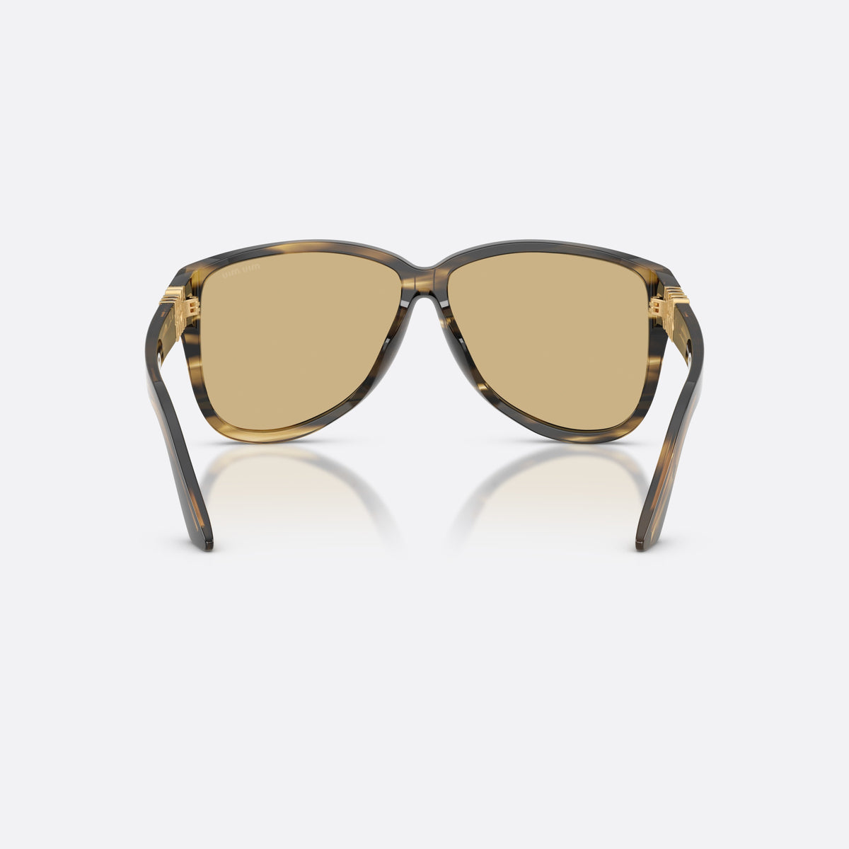 Miu Miu MU A08S 25E1OR sunglasses, green pilot frame for women, plain bridge joining lenses, wide tapered temples, back view
