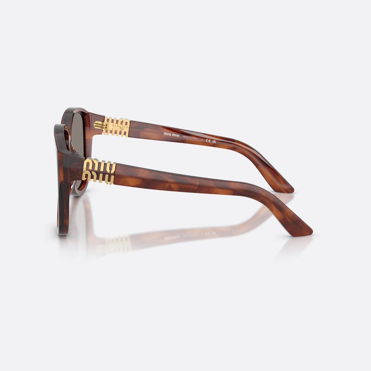 Miu Miu MU A08S 26E80Q sunglasses, brown pilot frame for women, plain bridge, brand logo plaque on temples, side view