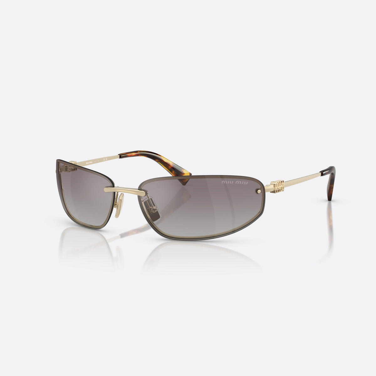 Miu Miu MU A50S ZVN30C sunglasses, gold oval frame for women, plain metal bridge, brand lettering on temples