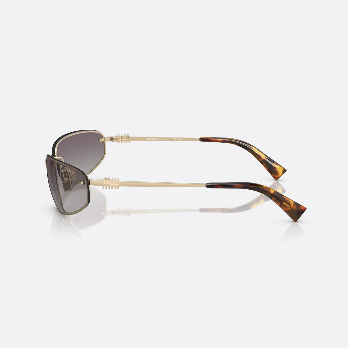 Miu Miu MU A50S ZVN30C sunglasses, gold oval frame for women, plain metal bridge, brand lettering on temples, side view