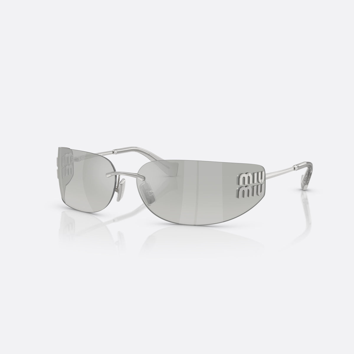 Ochelari de soare Miu Miu MU A51S 1BC10Y, rectangulari argintiu, pentru femei, punte metalică subțire, literele brandului pe brațe
