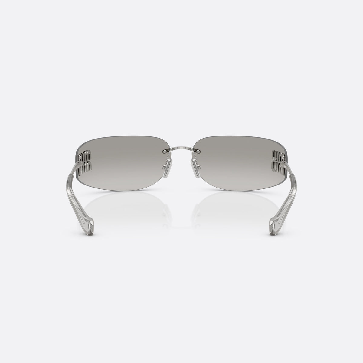 Ochelari de soare Miu Miu MU A51S 1BC10Y, rectangulari argintiu, pentru femei, punte metalică subțire, literele brandului pe brațe, vedere din spate