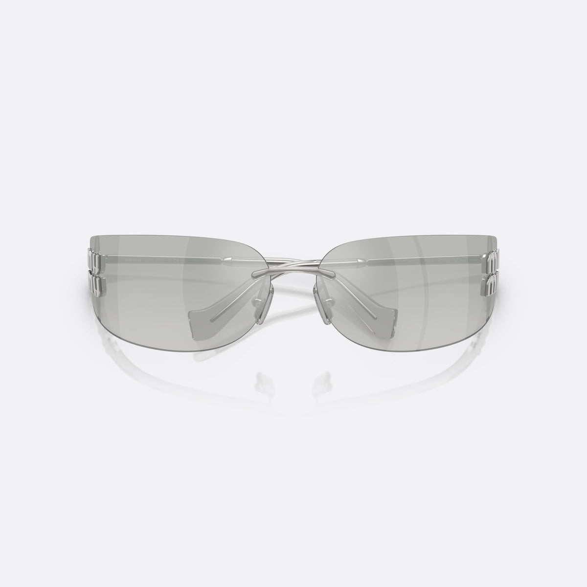 Ochelari de soare Miu Miu MU A51S 1BC10Y, rectangulari argintiu, pentru femei, punte metalică subțire, literele brandului pe brațe, cu brațele pliate