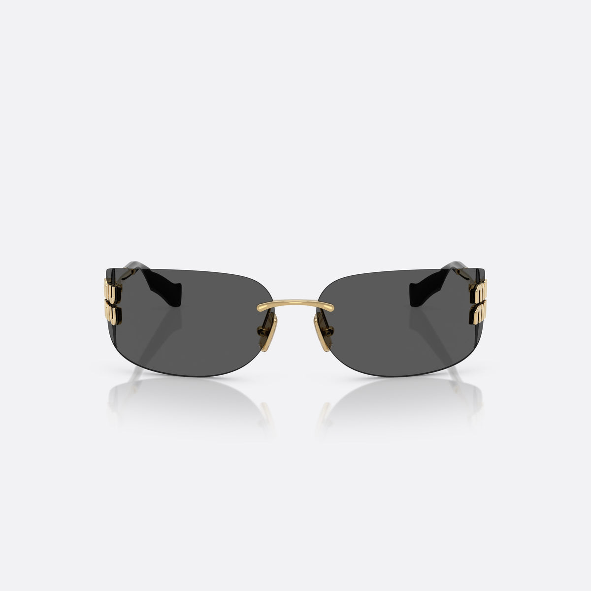 Miu Miu MU A51S 5AK5S0 sunglasses, gold rectangle frame for women, thin gold-tone bridge, brand lettering on temples, front view