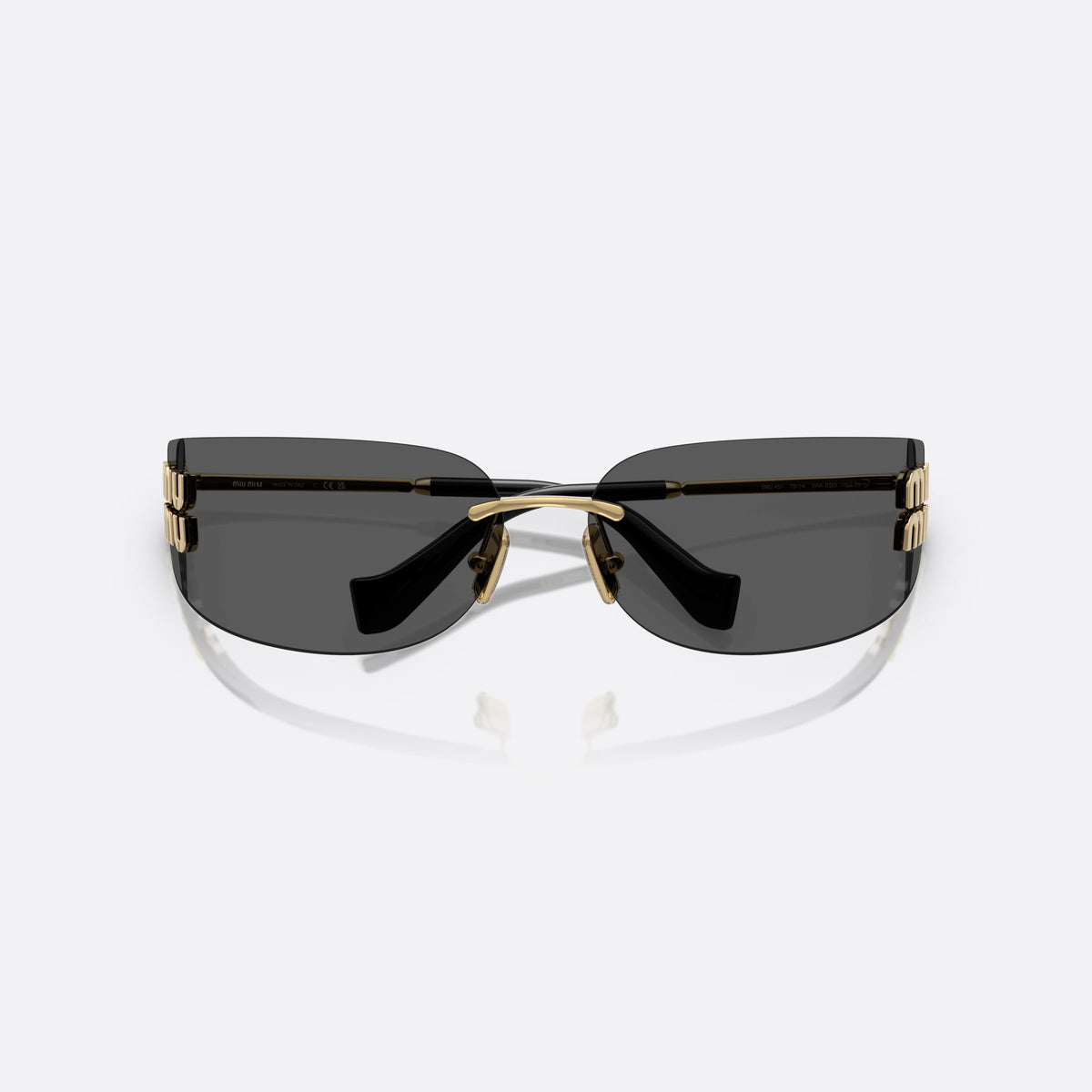 Miu Miu MU A51S 5AK5S0 sunglasses, gold rectangle frame for women, thin gold-tone bridge, brand lettering on temples, folded